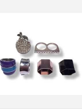 Bundle Of 5 Chunky Fashion Rings Statement Rhinestone Hexagon Silver Gold